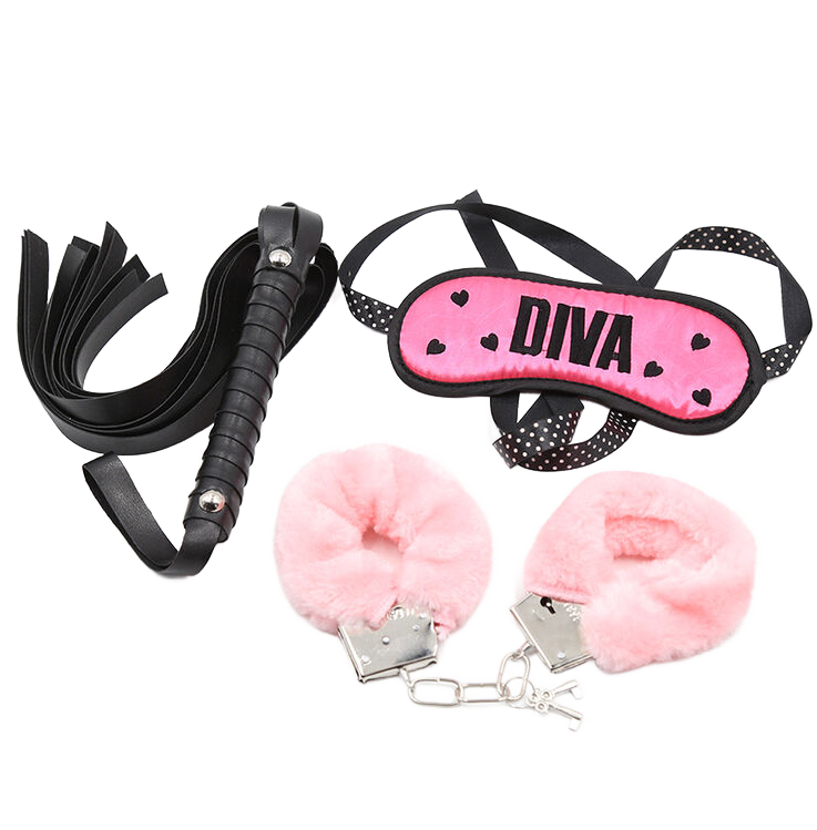 Bondage set featuring pink fluffy handcuffs, a black leather whip, and a diva blindfold, perfect for adding fun to intimate play.