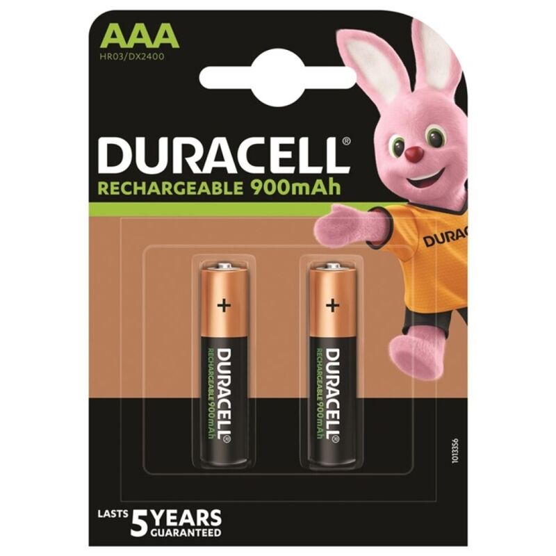 Duracell rechargeable AAA batteries 900mAh pack with pink bunny mascot design, guaranteed to last 5 years.