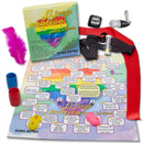 Colorful board game "El Juego Erotico para Chicas" with accessories including dice, feathers, and blindfold for party fun.