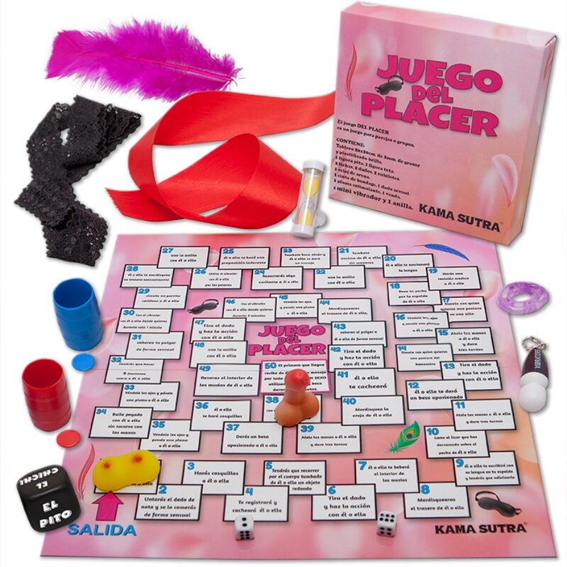 Board game "Juego del Placer" with playful accessories including feather, dice, timers, and cards by Kama Sutra.