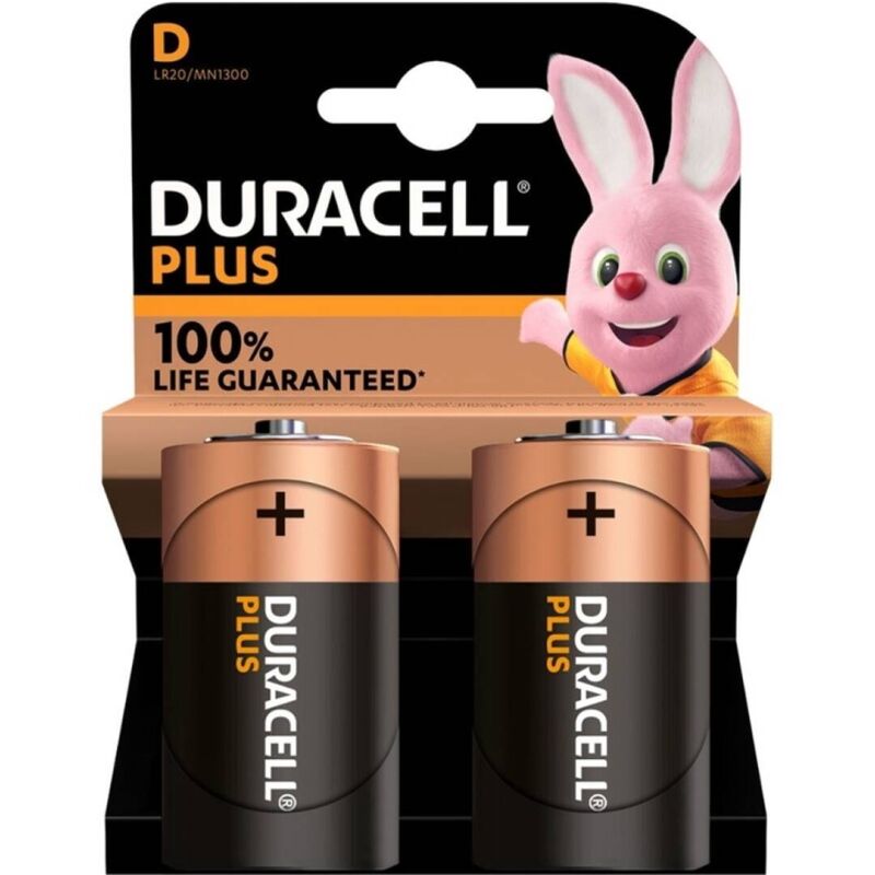Pack of two Duracell Plus D alkaline batteries with 100% life guarantee, featuring a pink bunny on the packaging.