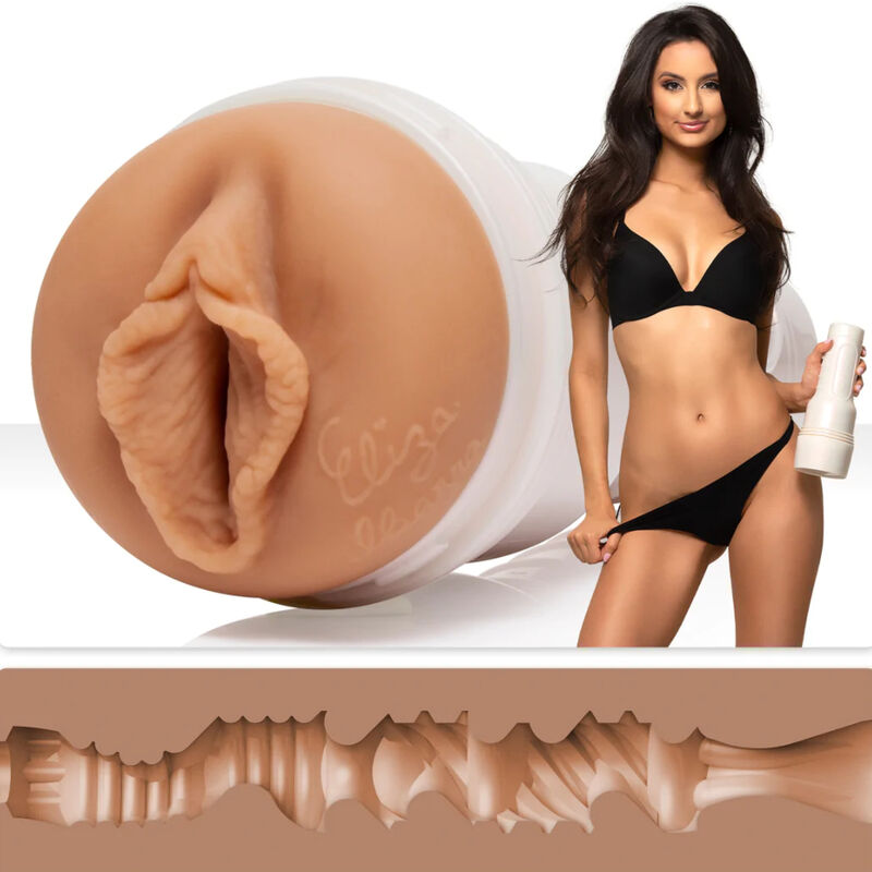 Realistic adult toy with interior view, held by a model in black lingerie. Perfect for intimate pleasure.