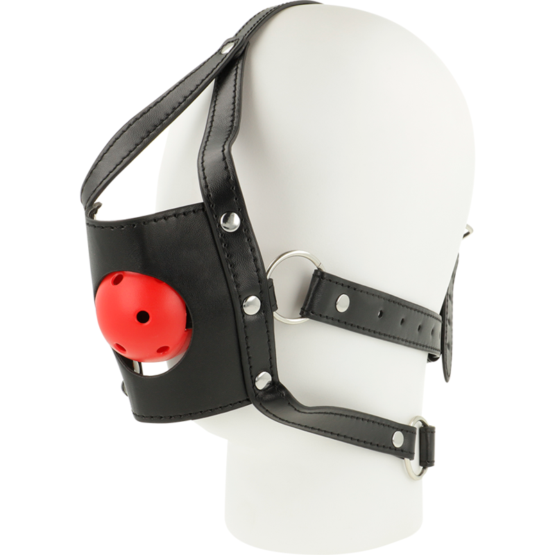 Black leather head harness with red ball, side view, designed for secure and adjustable fit.