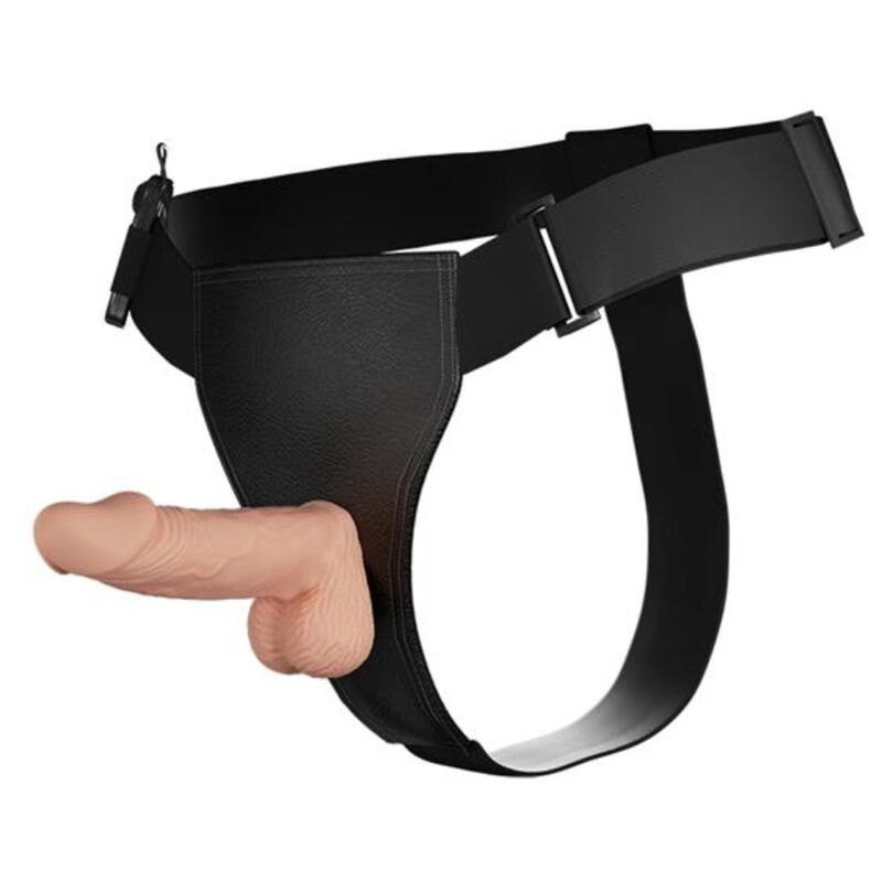 Black adjustable harness with realistic silicone attachment, designed for secure fit and comfort.