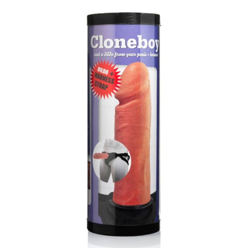 Cloneboy DIY penis replica kit packaging featuring harness strap, designed for making custom molded dildos at home.