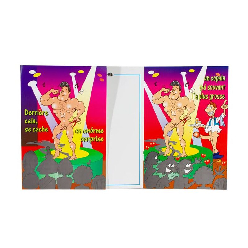 Colorful funny card with cartoon bodybuilder and humorous text. Features bold graphics and a vibrant background. Perfect for light-hearted occasions.
