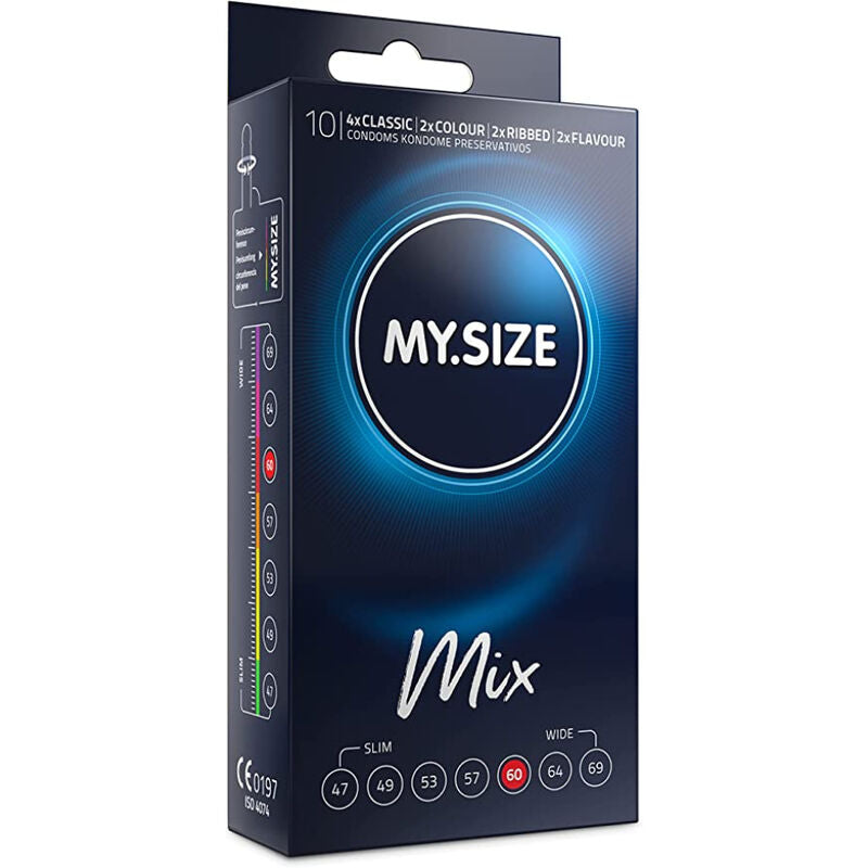 Box of My.Size Mix condoms with 10 assorted styles, featuring classic, ribbed, and flavored options for a customized experience.