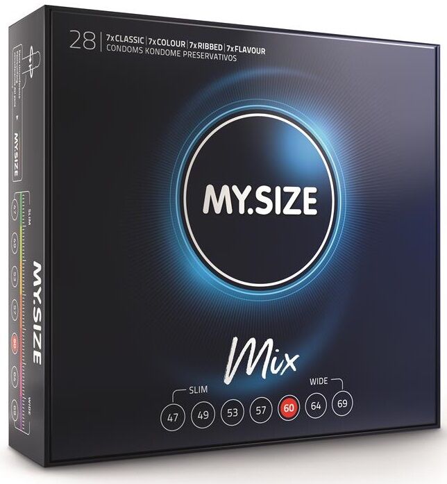 My.Size Mix condom pack featuring multiple sizes and types, including classic, color, ribbed, and flavored options.
