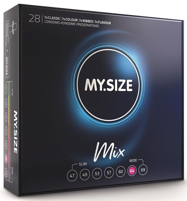 My.Size Mix condom pack in assorted sizes for a tailored fit and variety, featuring classic, ribbed, and flavored options.