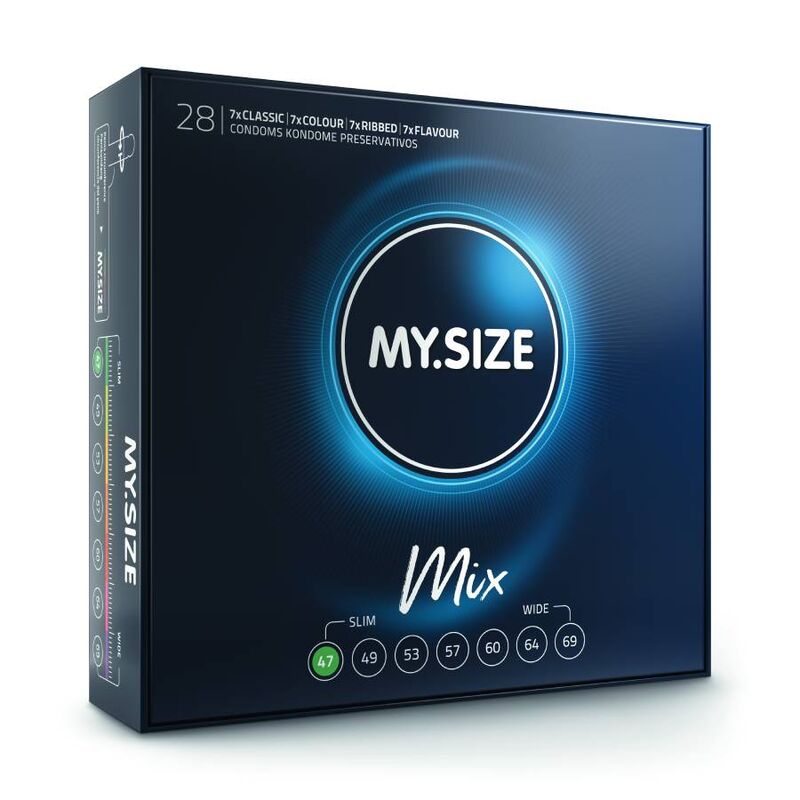 MY.SIZE Mix condoms box featuring various sizes, including size XS, in a sleek black and blue packaging with highlighted features.