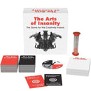 The Arts of Insanity card game with hourglass, deck, and spinner, designed for creative and challenging gameplay.