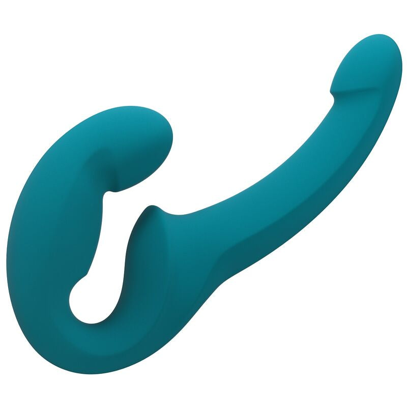 Teal silicone strap-on harness with ergonomic design for comfortable wear.