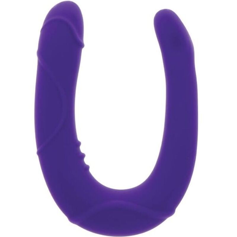 Purple U-shaped silicone dual-ended adult toy, isolated on white background