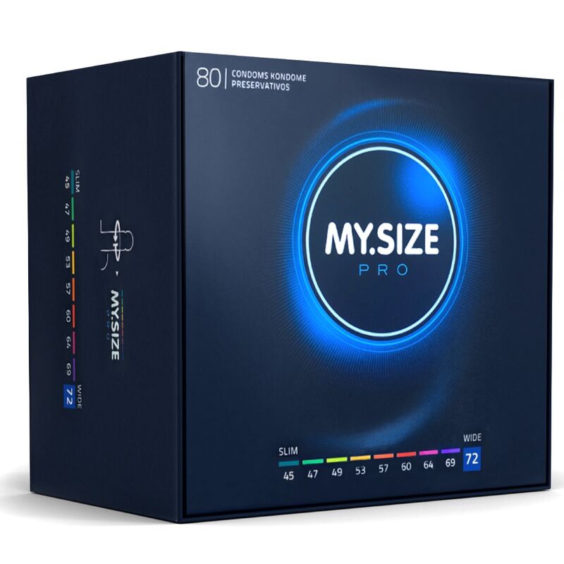 MySize Pro XL condom box featuring sizing guide and sleek blue packaging design.
