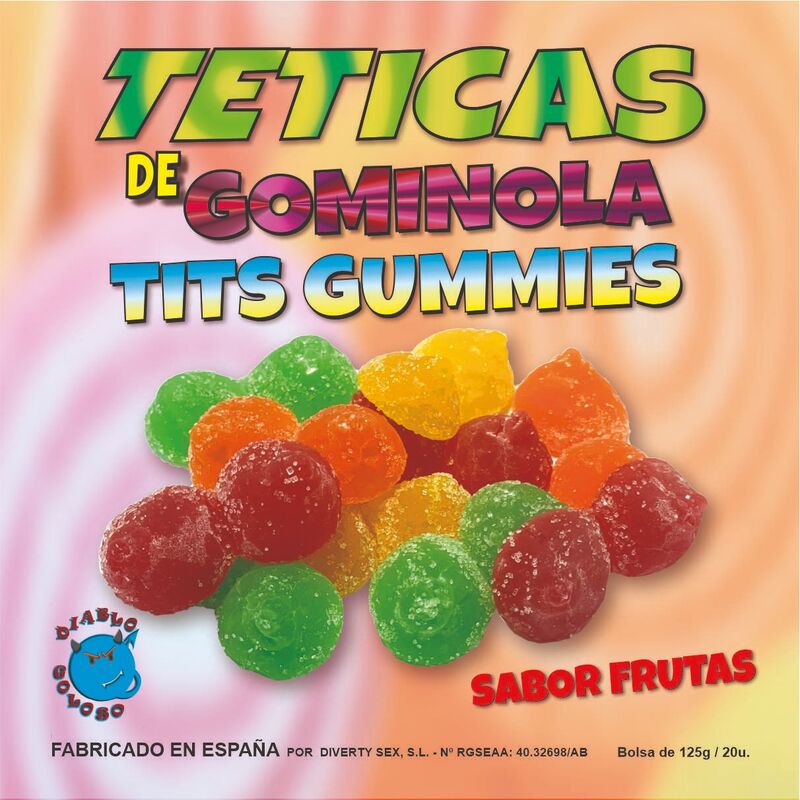 Colorful fruit-flavored gummy candy package with bold text and playful design.