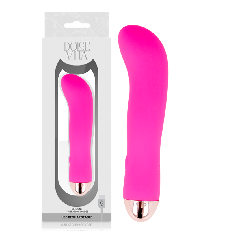 Pink Dolce Vita vibrator with USB rechargeable feature and 7 vibration modes, shown with packaging. Silicone texture for comfort.