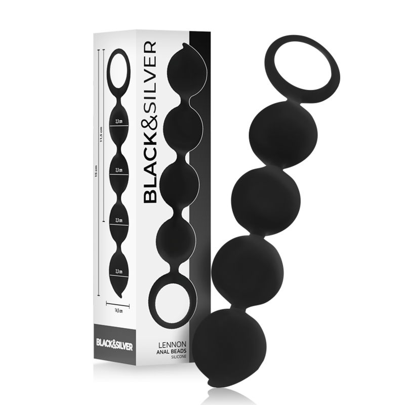Black & Silver Lennon anal beads with packaging, featuring a silicone design and four graduated spheres for enhanced pleasure.