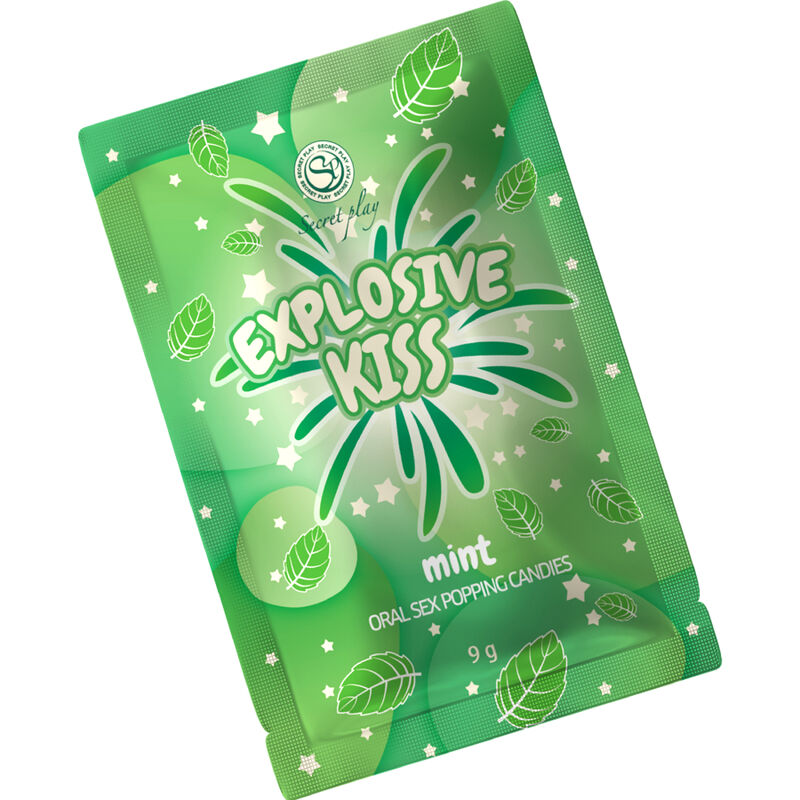 Green packaging of Explosive Kiss oral sex popping candies in mint flavor, 9g.