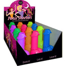Colorful novelty shot glasses in various shapes displayed in a box labeled 'Penis Shooters - The Ultimate Double Shot'.