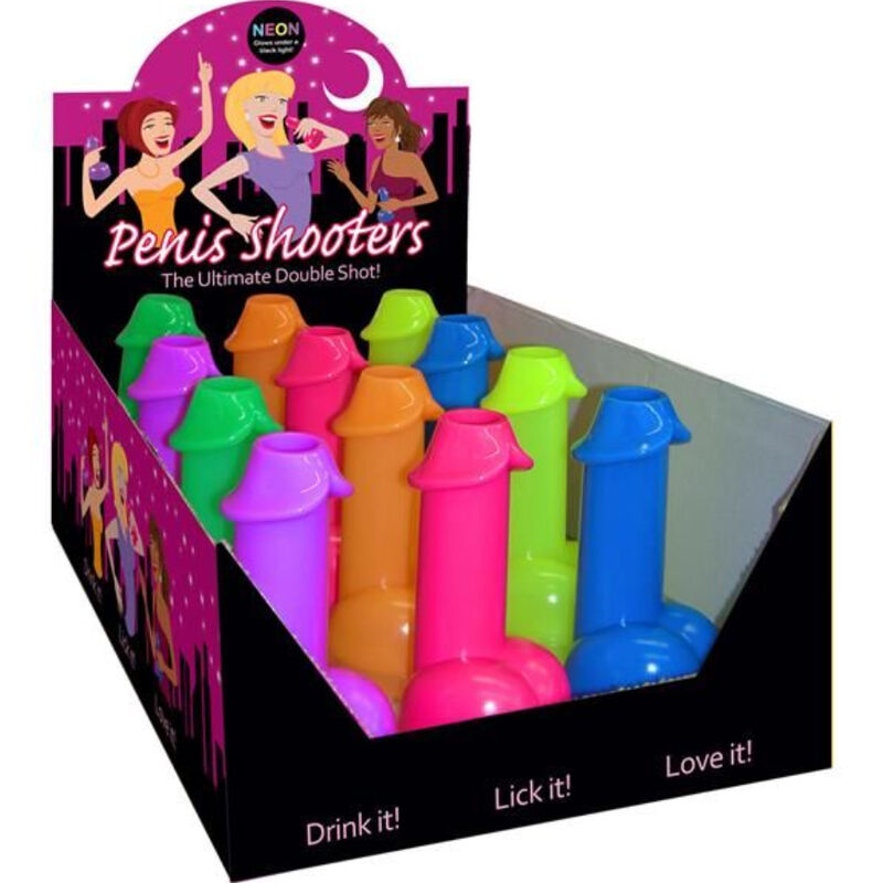 Colorful novelty shot glasses in various shapes displayed in a box labeled 'Penis Shooters - The Ultimate Double Shot'.