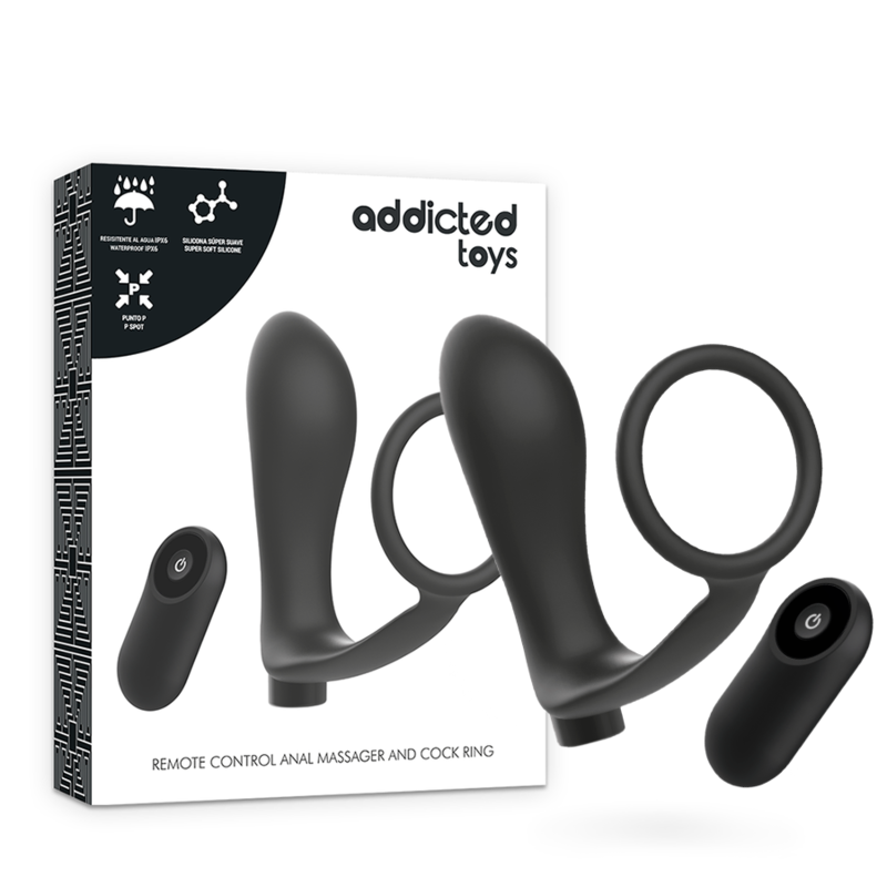 Addicted Toys remote control anal massager and cock ring set with packaging.