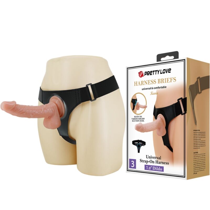 Universal strap-on harness with dildo displayed next to packaging, labeled as Pretty Love Harness Briefs.