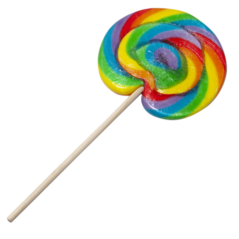 Colorful rainbow swirl lollipop on a stick, showcasing vibrant colors and appealing design.