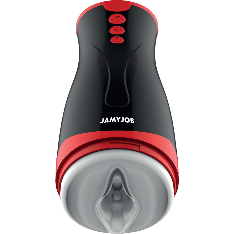 Jamyjob automatic masturbator with buttons, black and red design
