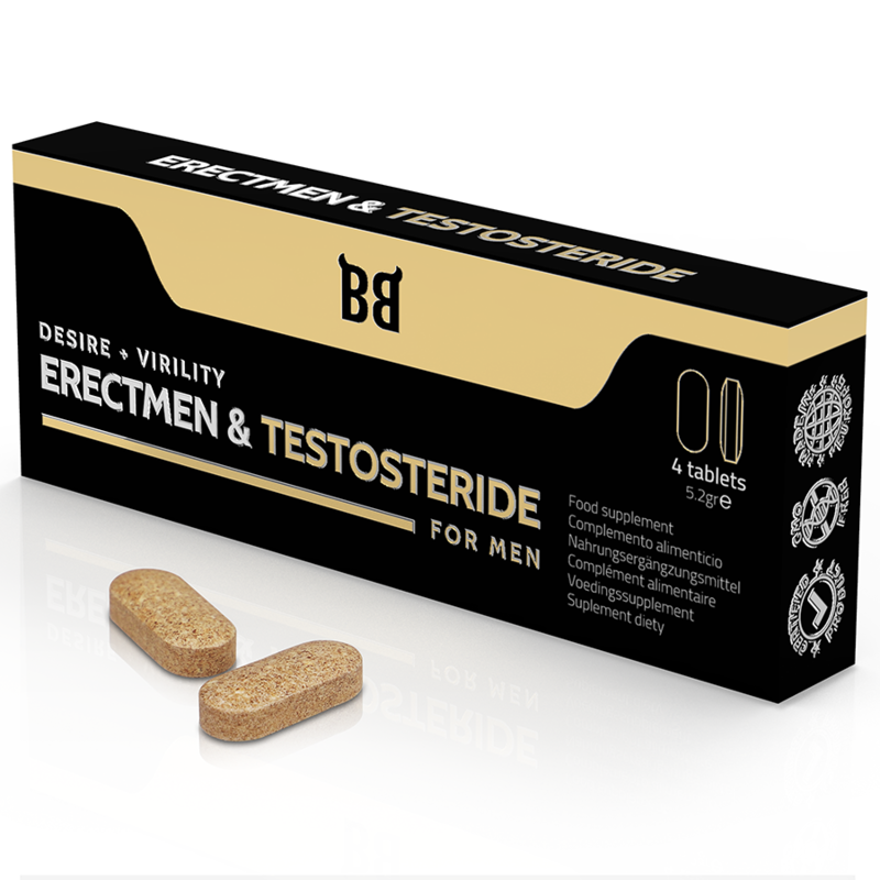 Erectmen & Testosteride tablets for men in black and gold packaging, emphasizing desire and virility, with dietary supplement text.