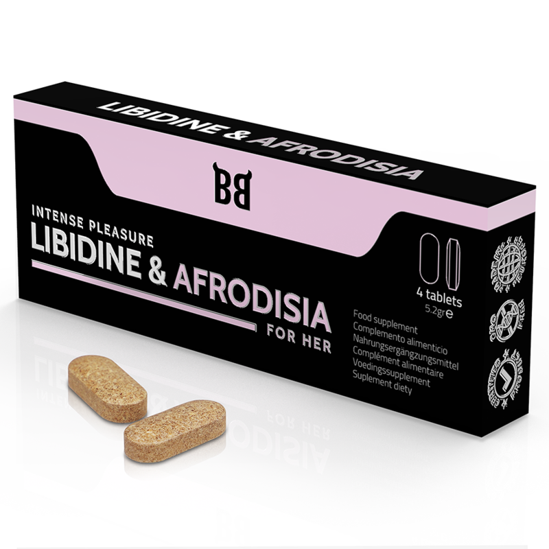 Box of Libidine & Afrodosia tablets designed for women's pleasure enhancement with two visible pills.