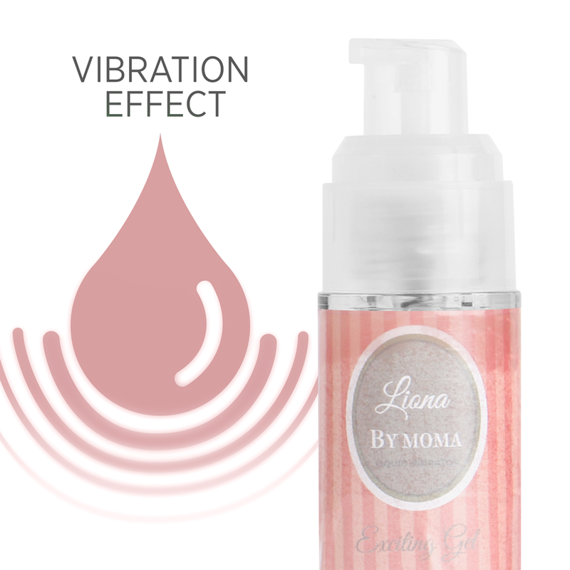 Liona by Moma exciting gel bottle with vibration effect text, pink drop graphic.