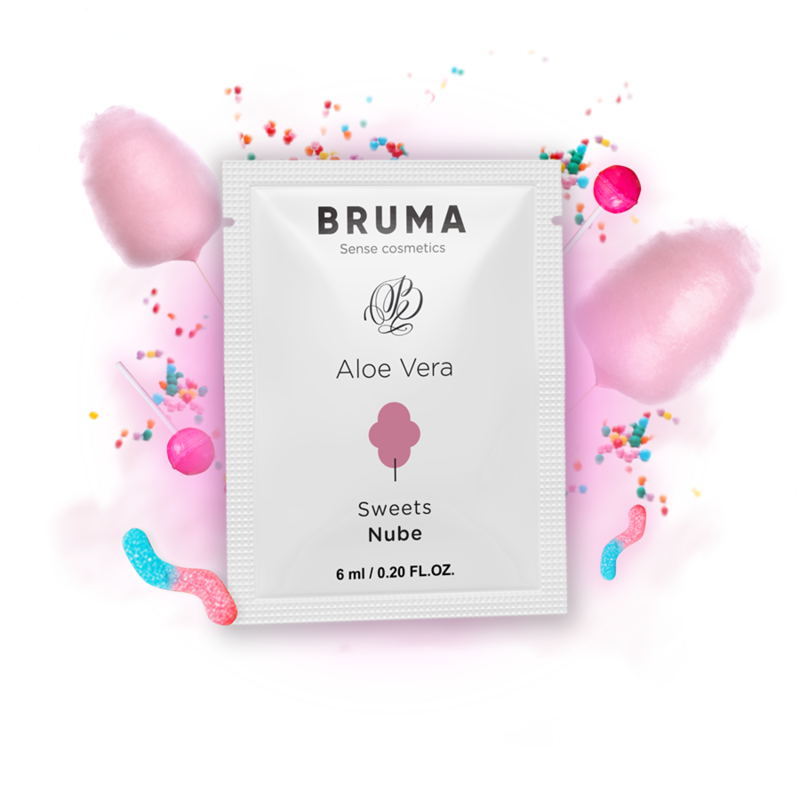 Bruma Aloe Vera sweets nube sachet surrounded by pink cotton candy and colorful decorations.