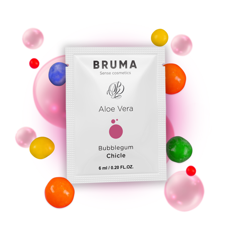 Monodose Bruma Aloe Vera Bubblegum Chicle product with colorful gumdrops, 6 ml sachet for skin care.