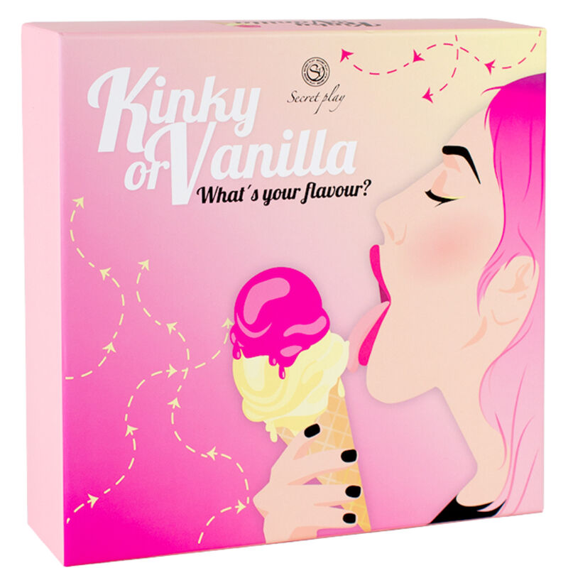 Box of "Kinky or Vanilla" game with woman licking ice cream illustration and playful pink design.