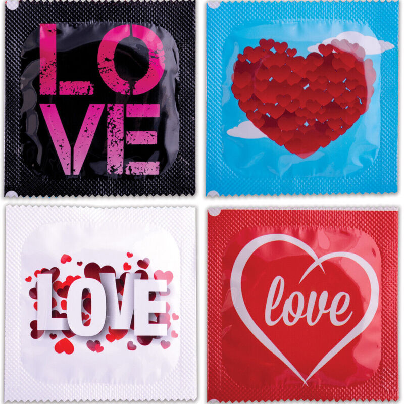 Love-themed packaging with artistic heart and text designs, featuring vibrant colors and romantic motifs.