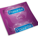 Pasante Trim condom in purple packaging, highlighting a sleek design for comfort and protection.