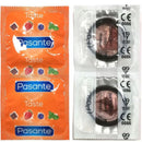 Pasante flavored condoms in strawberry and chocolate, with colorful packaging indicating taste variety options.