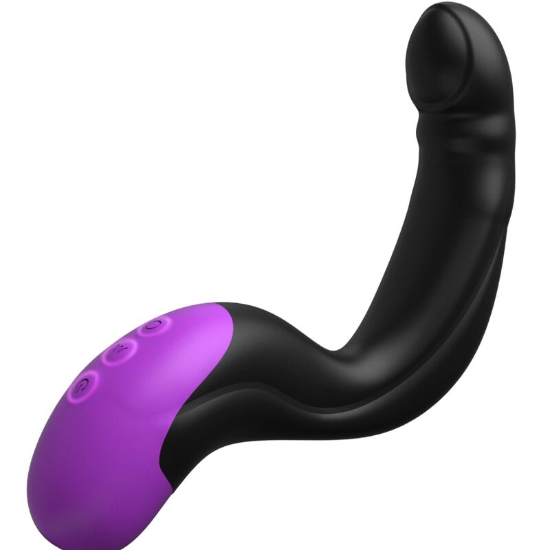 Curved black and purple personal massager with control buttons for enhanced comfort and pleasure.