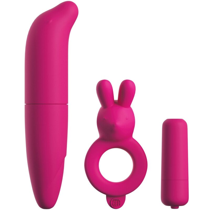 Pink sex toy kit including a vibrator, rabbit ring, and bullet for adult pleasure.