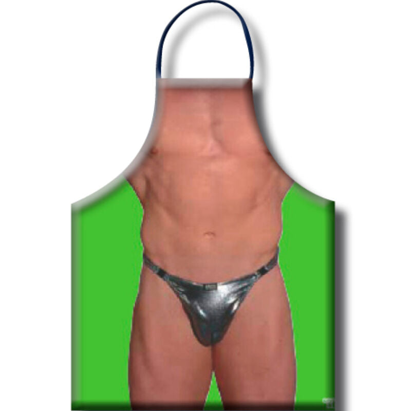 Humorous apron with a printed design of a muscular male torso and green background, perfect for novelty kitchen wear.