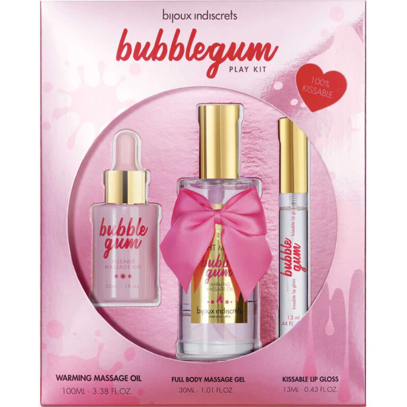 Couple Kits Bubblegum Play Kit with massage oil, body gel, and lip gloss, perfect for romantic evenings. 100% kissable beauty set.