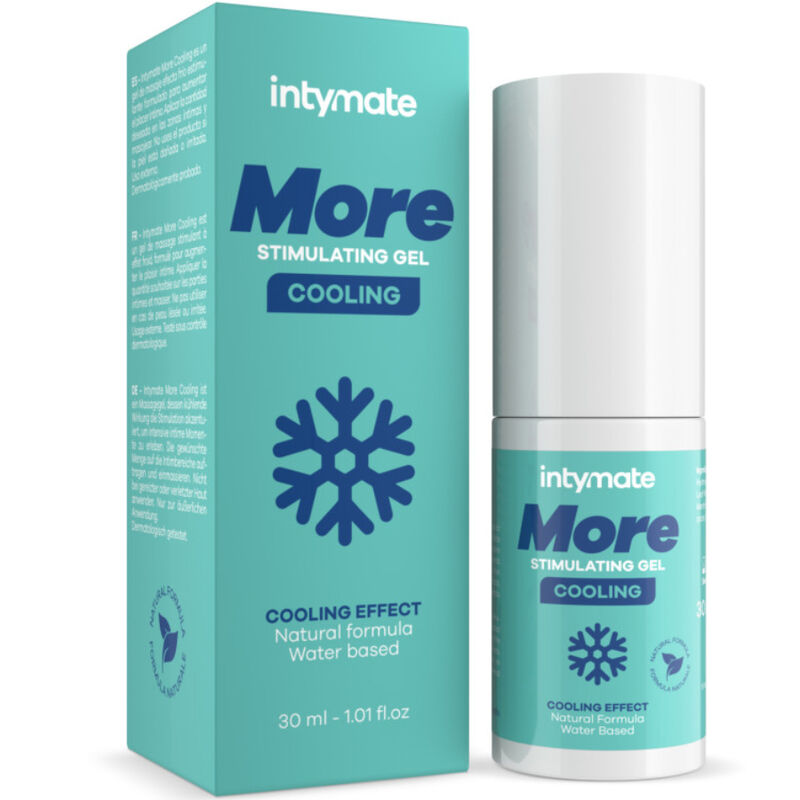 Intymate cooling gel packaging with snowflake design, 30ml bottle emphasizing cooling effect, natural water-based formula.