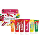 Assorted flavored personal lubricants in a colorful set, including strawberry, cherry, raspberry, banana, and watermelon flavors.