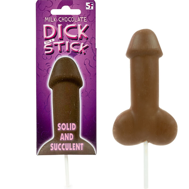 Milk chocolate novelty lollipop in playful shape, packaged with vibrant design, labeled "Solid and Succulent".