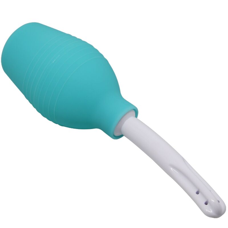 Blue anal shower device with white nozzle, designed for personal hygiene and cleansing.