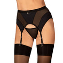 Elegant black garter belt with sheer panels and adjustable straps, designed for a stylish and comfortable fit.