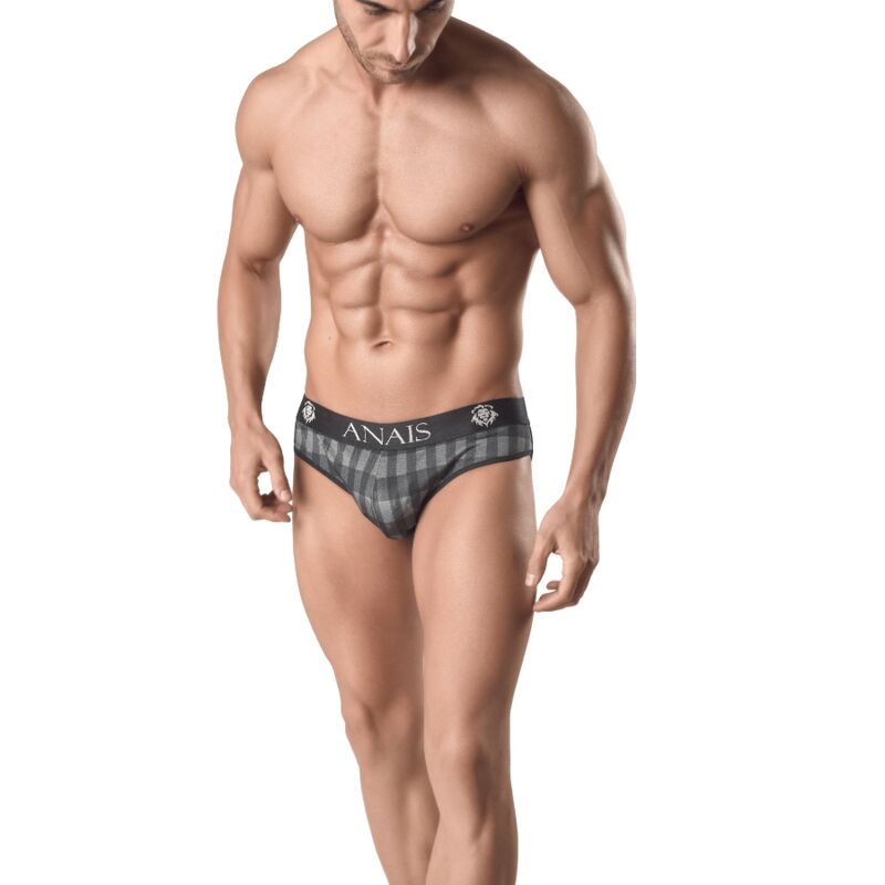 Man wearing ANAIS men's slip with black and gray plaid design, showcasing the product's comfortable fit and stylish appearance.