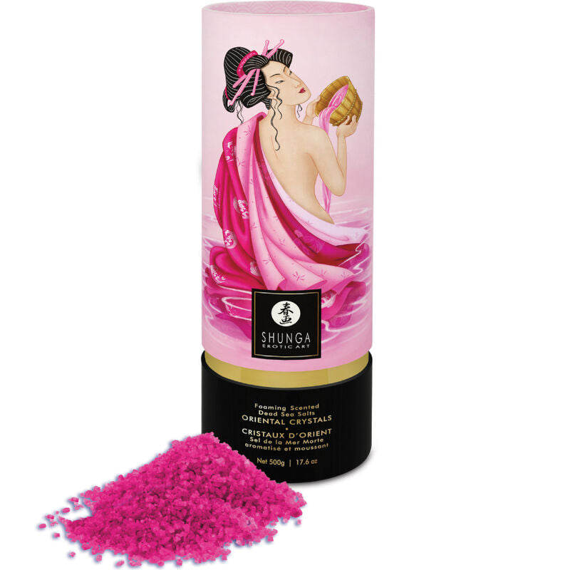 Shunga Oriental Crystals with pink bath salts for luxurious bathing experience in the bathroom.