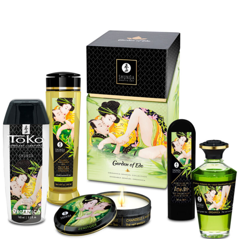 Luxurious massage kit featuring Shunga products, including candles, oils, and creams in elegant packaging for a sensual experience.