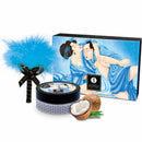 Shunga edible body powder set with blue feather tickler and coconut fragrance, featuring artistic packaging.